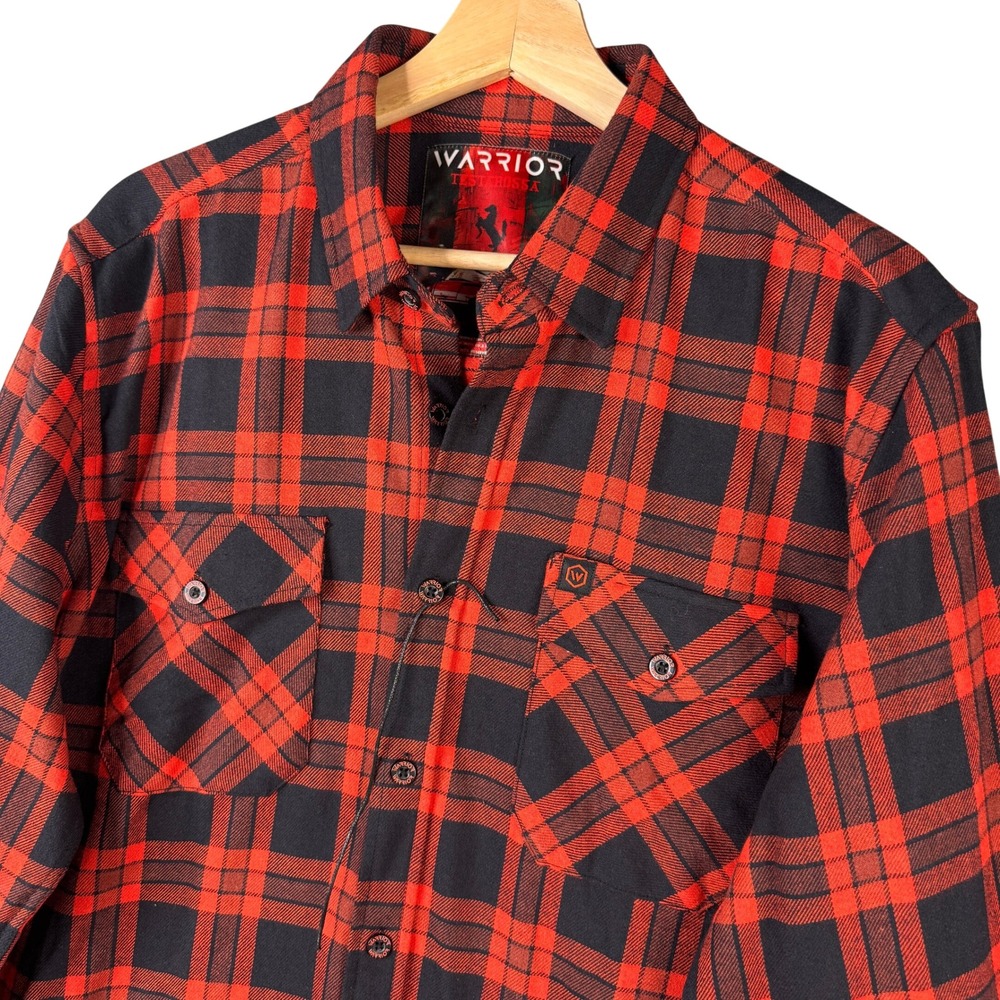 Warrior Testarossa Mens Large Red Black Plaid Flannel Button Down Shirt Stretch